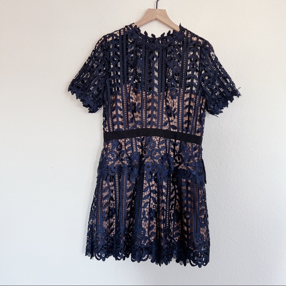 Self Portrait Floral Lace Short Sleeve A Line Dress Navy Nude Size US10 - Picture 10 of 12